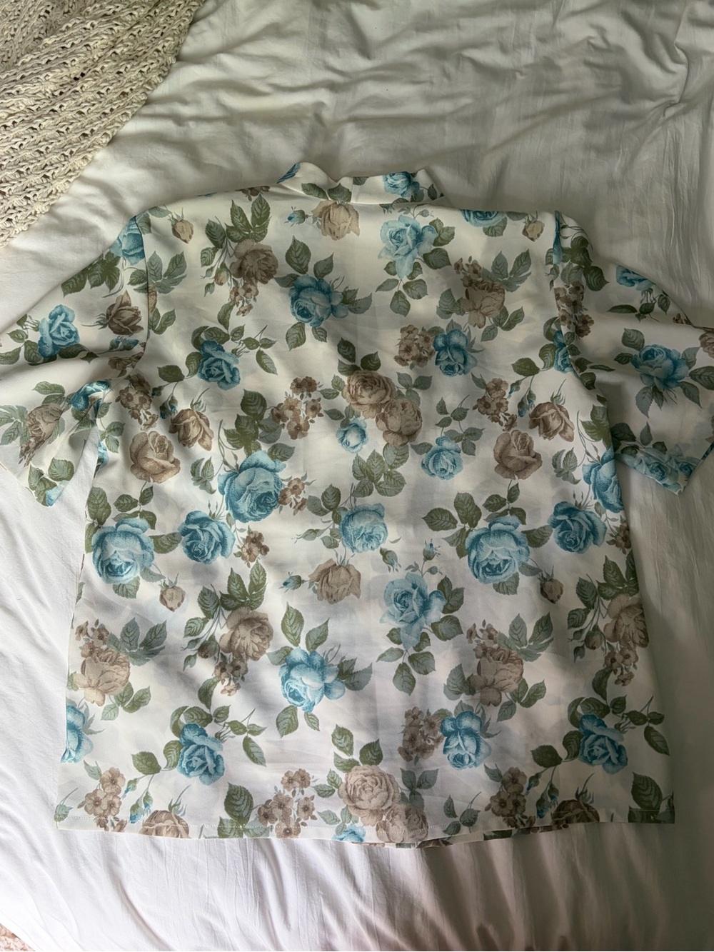 Floral Short Sleeve Button Shirt in Blue & Taupe Roses and Layered Neckline - Picture 3 of 4